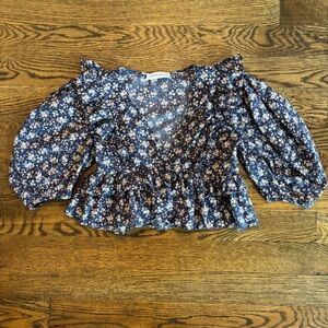 Pants Store Cropped Floral Ruffle Peplum Top | Blue | Size M